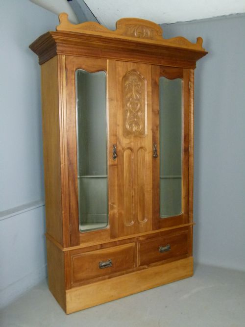 Victorian Art Nouveau Satin Walnut Mirrored Wardrobe