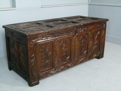 Unusual 17th Century Figural Carved Oak Chest / Coffer