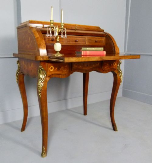 French Rosewood & Marquetry Cylinder Bureau De Dame / Desk