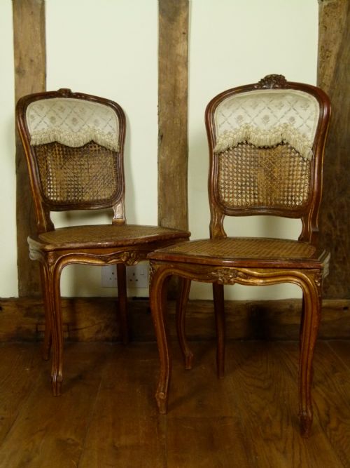 Pretty Pair of French Louis Xv Caned Chairs Original Paint