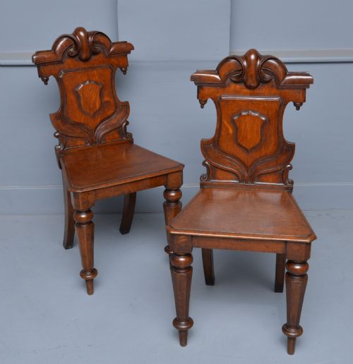 fig 1. Charming Victorian Pair Of Carved Oak Hall Chairs