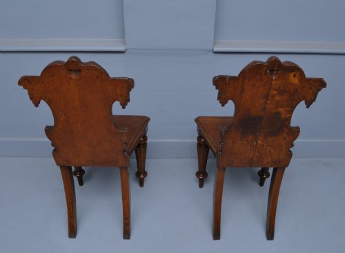 fig 3. Charming Victorian Pair Of Carved Oak Hall Chairs