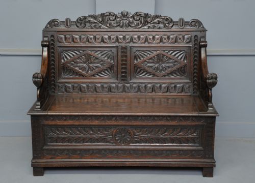 fig 1. Charming Victorian Carved Oak Bench Settle