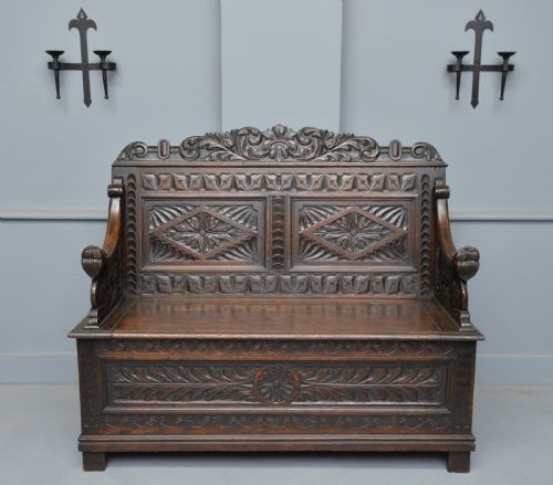 fig 2. Charming Victorian Carved Oak Bench Settle