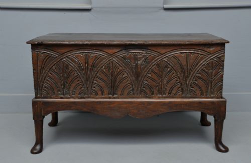 Small Very Sweet 17th Century Carved Oak Coffer on Stand