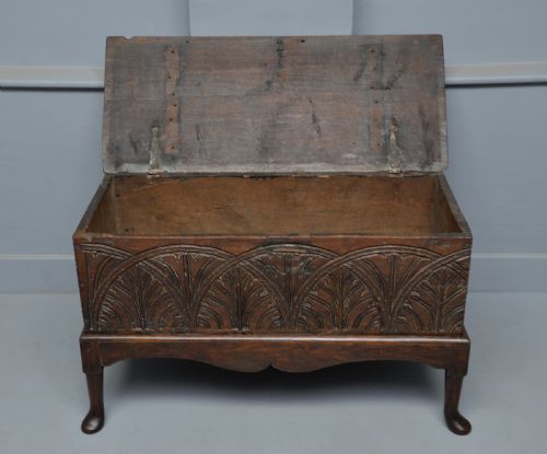 fig 1. Small Very Sweet 17th Century Carved Oak Coffer On Stand