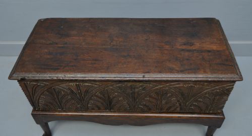 fig 3. Small Very Sweet 17th Century Carved Oak Coffer On Stand
