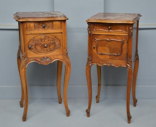 Pretty Matched Pair of French Walnut Bedside Marble-top Cabinets