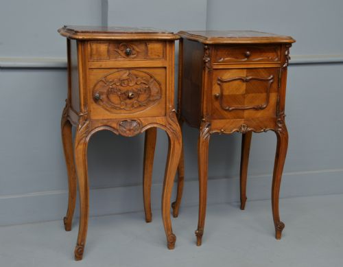 fig 1. Pretty Matched Pair Of French Walnut Bedside Marble-Top Cabinets