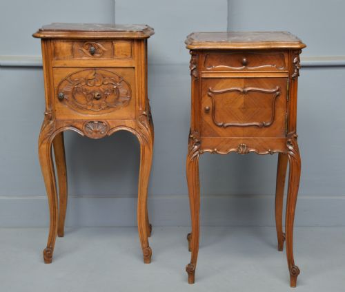 fig 2. Pretty Matched Pair Of French Walnut Bedside Marble-Top Cabinets