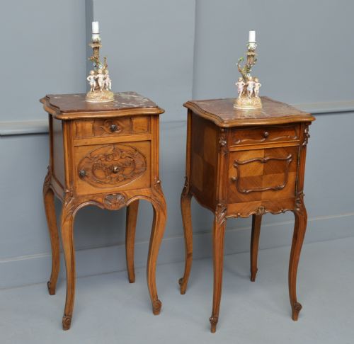 fig 3. Pretty Matched Pair Of French Walnut Bedside Marble-Top Cabinets