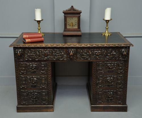 Elaborately Carved Victorian Oak Pedestal Desk