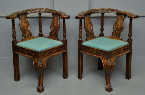 fig 1. Pair Of Victorian Elaborately Carved Oak Corner Chairs