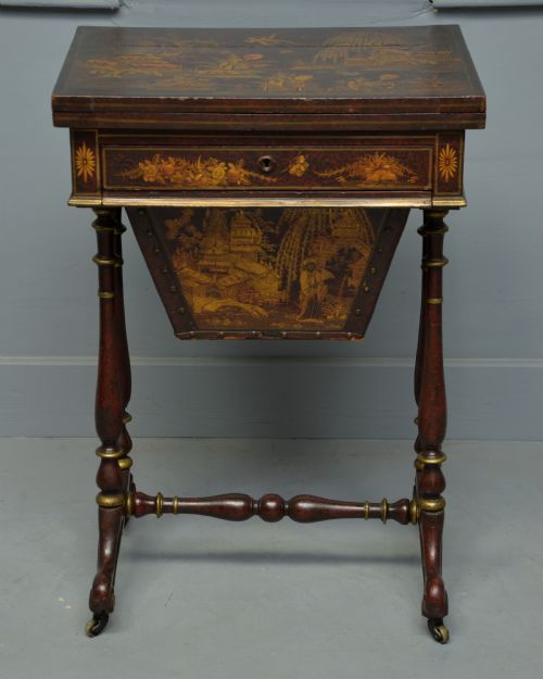 fig 1. Early 19th Century Chinoiserie Red-Lacquered Games / Sewing Table