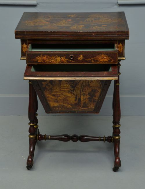 fig 2. Early 19th Century Chinoiserie Red-Lacquered Games / Sewing Table