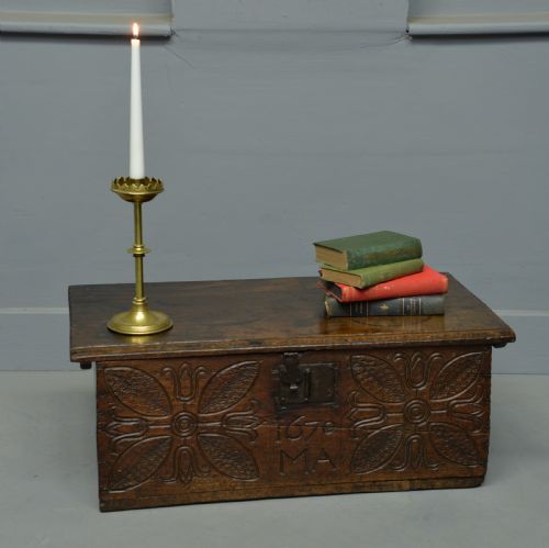 Charming 17th Century Carved Oak Box / Small Chest Dated 1670