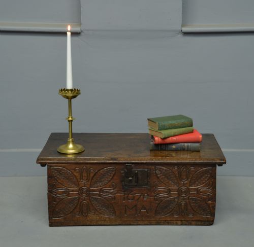 fig 1. Charming 17th Century Carved Oak Box / Small Chest Dated 1670