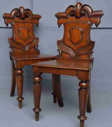 Charming Victorian Pair of Carved Oak Hall Chairs