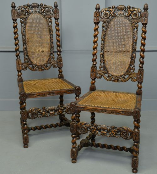 Carolean Revival Pair of Carved Oak Side Hall Chairs