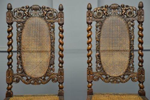 fig 1. Carolean Revival Pair Of Carved Oak Side Hall Chairs