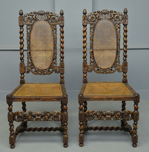fig 2. Carolean Revival Pair Of Carved Oak Side Hall Chairs