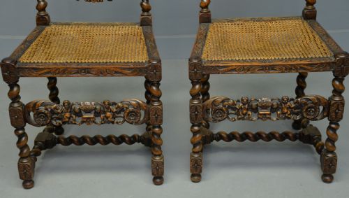 fig 3. Carolean Revival Pair Of Carved Oak Side Hall Chairs