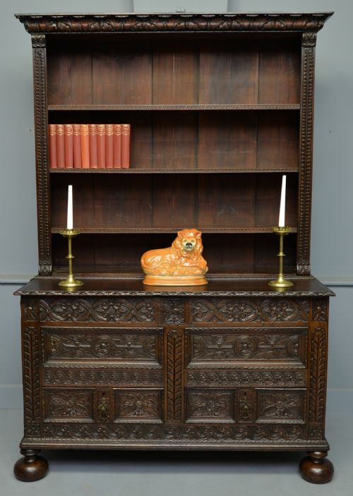 Adapted 17th Century Carved Oak Mule Chest / Bookcase