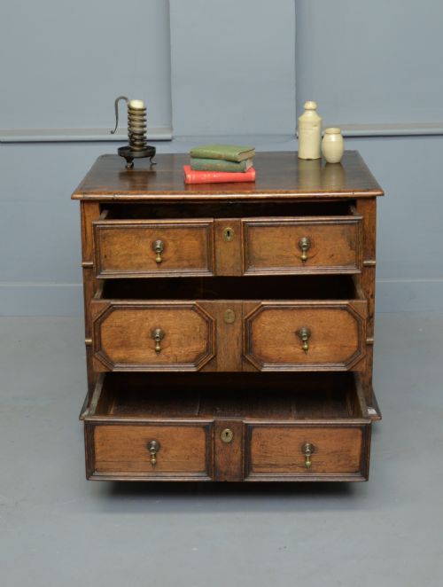 fig 1. Very Charming Small 17th Century Geometric Oak Chest Of Drawers