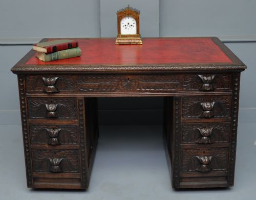 victorian carved solid oak pedestal desk - CATEGORY: ANTIQUE DESKS - DATED VICTORIAN