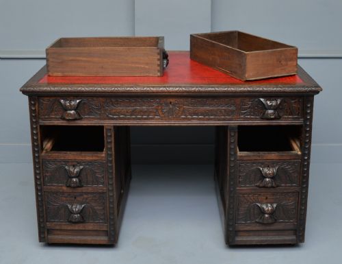 VICTORIAN CARVED SOLID OAK PEDESTAL DESK - ADDITIONAL PHOTO 3