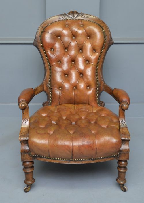 VICTORIAN WALNUT ORIGINAL LEATHER SPOONBACK ARMCHAIR - ADDITIONAL PHOTO 1