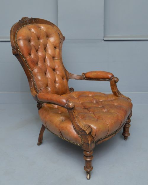 VICTORIAN WALNUT ORIGINAL LEATHER SPOONBACK ARMCHAIR - ADDITIONAL PHOTO 2