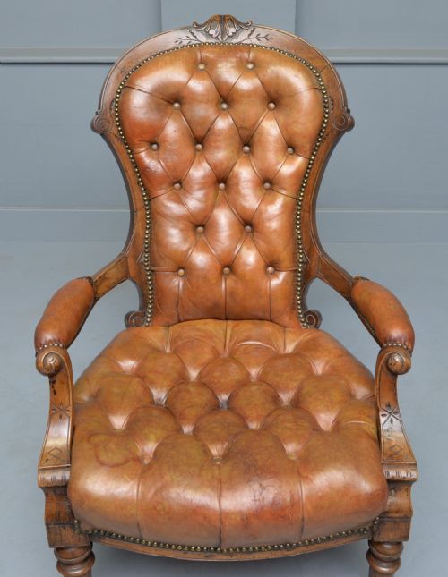 VICTORIAN WALNUT ORIGINAL LEATHER SPOONBACK ARMCHAIR - ADDITIONAL PHOTO 8