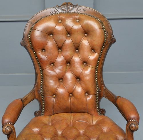 VICTORIAN WALNUT ORIGINAL LEATHER SPOONBACK ARMCHAIR - ADDITIONAL PHOTO 9
