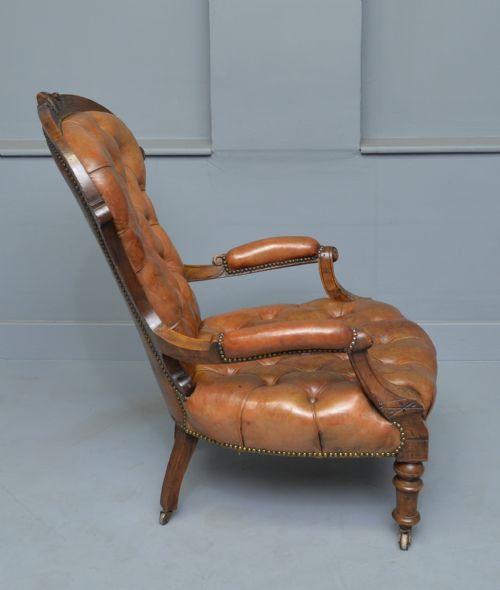 VICTORIAN WALNUT LEATHER SPOON BACK ARMCHAIR - ADDITIONAL PHOTO 2