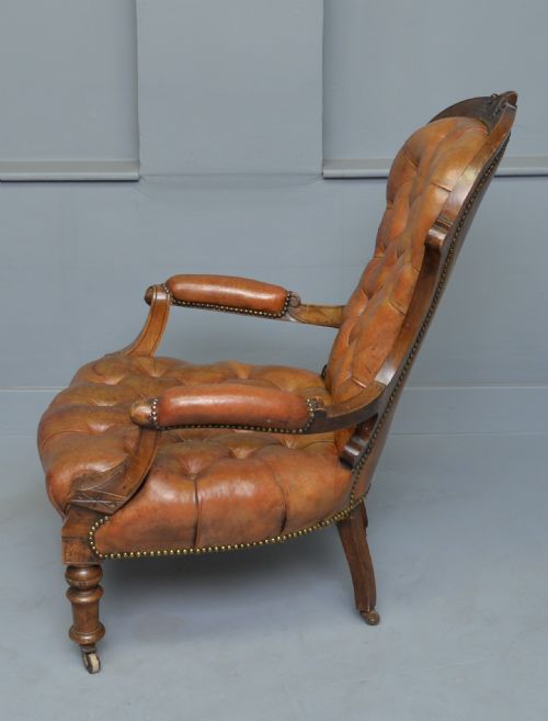 VICTORIAN WALNUT LEATHER SPOON BACK ARMCHAIR - ADDITIONAL PHOTO 4