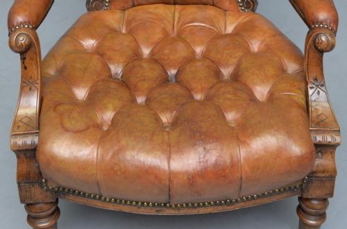 VICTORIAN WALNUT LEATHER SPOON BACK ARMCHAIR - ADDITIONAL PHOTO 7