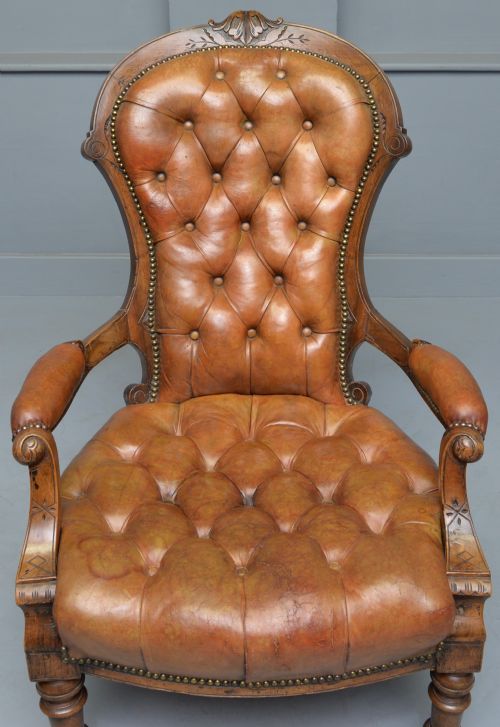 VICTORIAN WALNUT LEATHER SPOON BACK ARMCHAIR - ADDITIONAL PHOTO 8