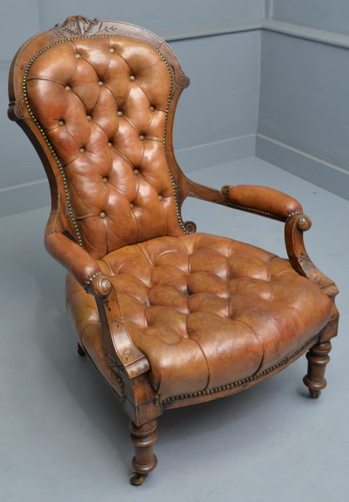 VICTORIAN WALNUT LEATHER SPOON BACK ARMCHAIR - ADDITIONAL PHOTO 10