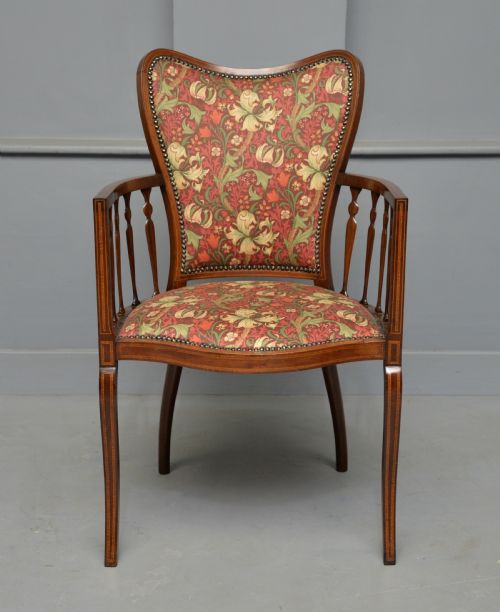 ELEGANT EDWARDIAN INLAID MAHOGANY ARMCHAIR WILLIAM MORRIS FABRIC - ADDITIONAL PHOTO 1