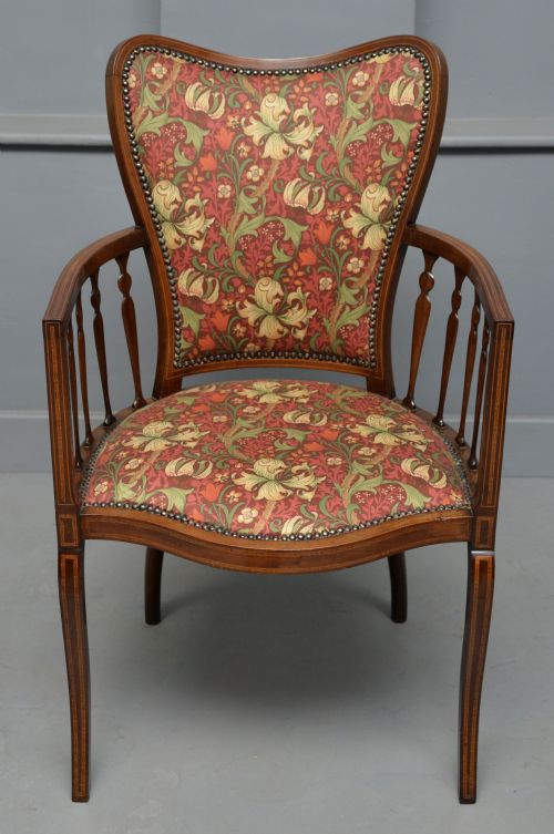 ELEGANT EDWARDIAN INLAID MAHOGANY ARMCHAIR WILLIAM MORRIS FABRIC - ADDITIONAL PHOTO 2