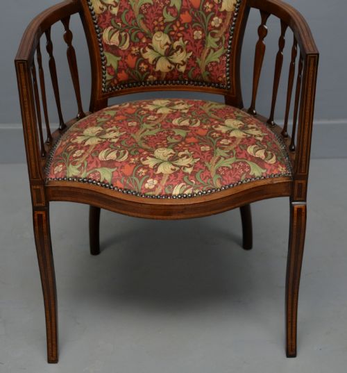 ELEGANT EDWARDIAN INLAID MAHOGANY ARMCHAIR WILLIAM MORRIS FABRIC - ADDITIONAL PHOTO 3