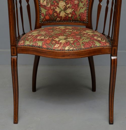 ELEGANT EDWARDIAN INLAID MAHOGANY ARMCHAIR WILLIAM MORRIS FABRIC - ADDITIONAL PHOTO 4