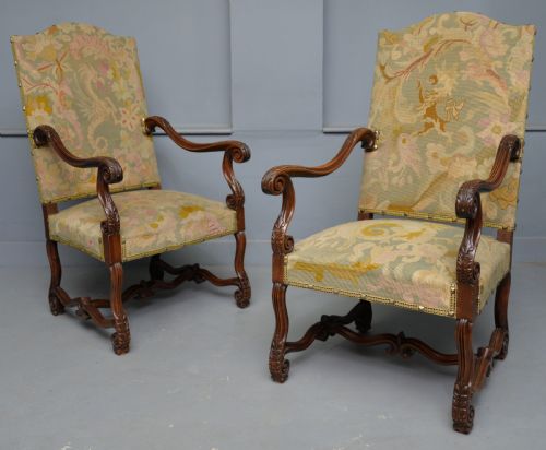 pair of louis xiii style walnut armchairs with tapestry upholstery - CATEGORY: ANTIQUE CHAIRS - DATED 1920