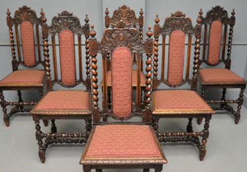 SET OF SIX CAROLEAN JACOBEAN STYLE CARVED OAK DINING CHAIRS - ADDITIONAL PHOTO 4