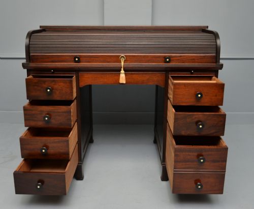 VICTORIAN MAHOGANY TAMBOUR ROLL TOP CYLINDER DESK - ADDITIONAL PHOTO 3