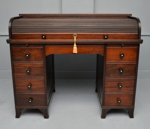 VICTORIAN MAHOGANY TAMBOUR ROLL TOP CYLINDER DESK - ADDITIONAL PHOTO 21