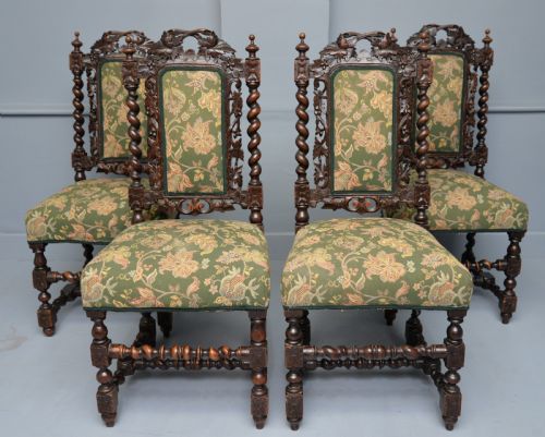 set of four carolean jacobean style carved oak dining chairs - CATEGORY: ANTIQUE CHAIRS - DATED VICTORIAN