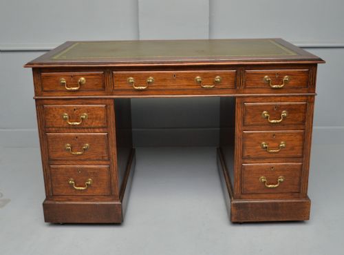 VICTORIAN SOLID OAK LEATHER TOP PEDESTAL WRITING DESK - ADDITIONAL PHOTO 1