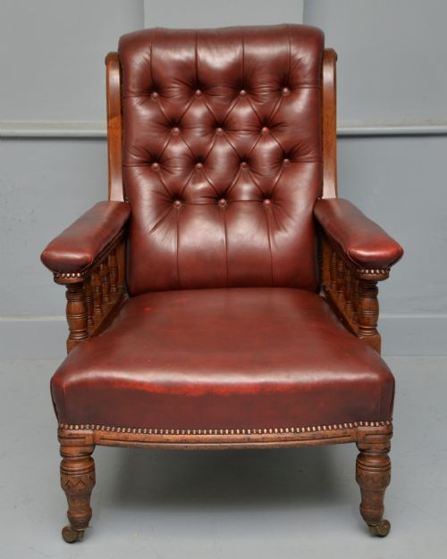 VICTORIAN OAK FRAME RED LEATHER LIBRARY OCCASIONAL EASY ARMCHAIR - ADDITIONAL PHOTO 1